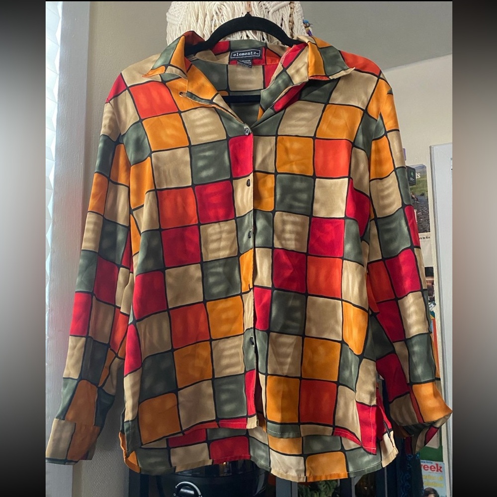 Elementz orange green red and cream button up size medium